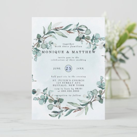 Invitation Dusty Blue Eucalyptus Vert Mariage rustique (Debout devant)