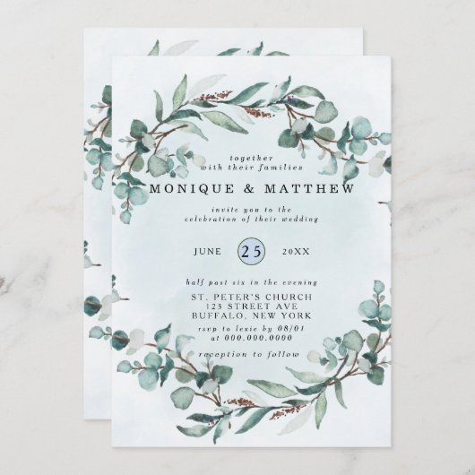 Invitation Dusty Blue Eucalyptus Vert Mariage rustique (Devant / Derrière)