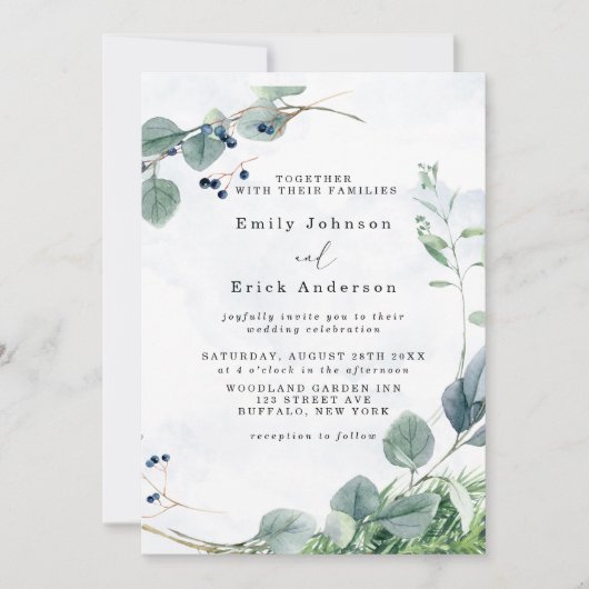Invitation Dusty Blue Eucalyptus Vert Mariage rustique (Devant)
