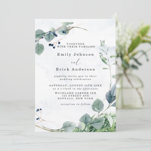 Invitation Dusty Blue Eucalyptus Vert Mariage rustique (Debout devant)