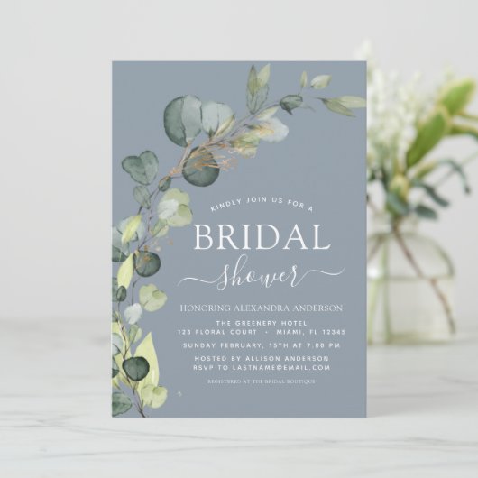 Invitation Dusty Blue Fête des mariées QR Code Eucalyptus (Debout devant)