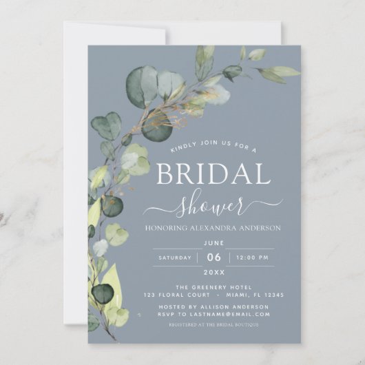 Invitation Dusty Blue Fête des mariées QR Code Eucalyptus (Devant)