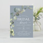 Invitation Dusty Blue Fête des mariées QR Code Eucalyptus (Debout devant)