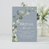 Invitation Dusty Blue Fête des mariées QR Code Photo Eucalypt (Debout devant)