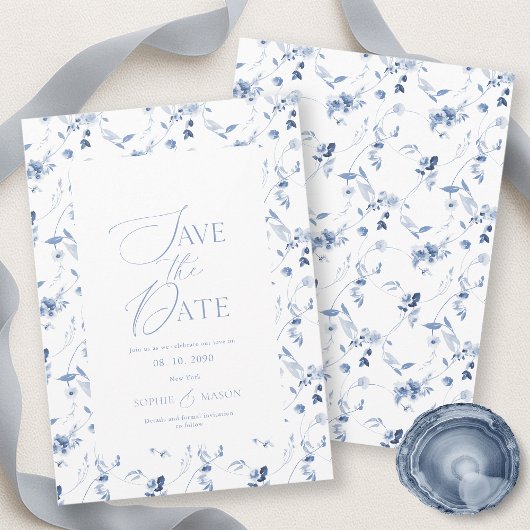 Invitation Dusty Blue Fine Art Floral Save the Date Card