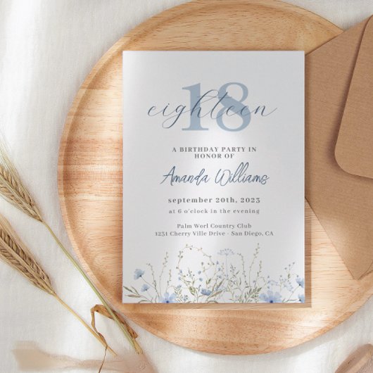 Invitation Dusty Blue Fleur sauvage 18e anniversaire Invitati