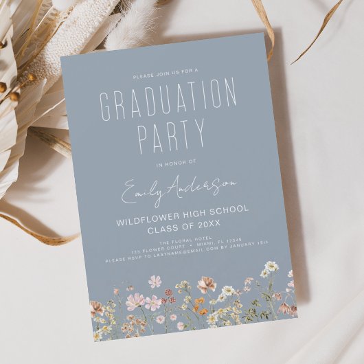 Invitation Dusty Blue Fleur sauvage Bloom Graduation Party Bo