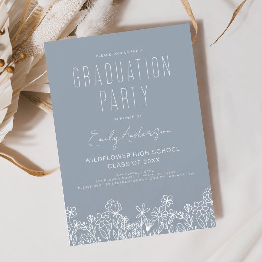 Invitation Dusty Blue Fleur sauvage Bloom Graduation Party Bo