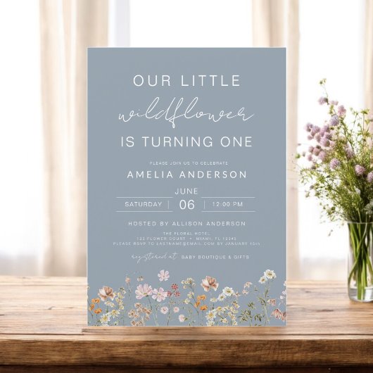 Invitation Dusty Blue Fleur sauvage Boho Chic Premier anniver