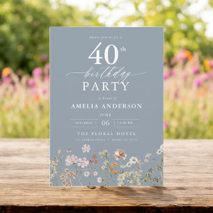 Invitation Dusty Blue Fleur sauvage Floral 40e anniversaire