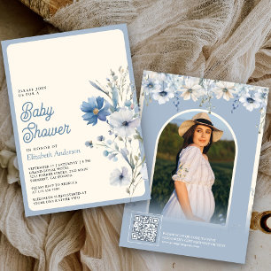 Invitation Dusty Blue Fleur sauvage photo Baby shower de code
