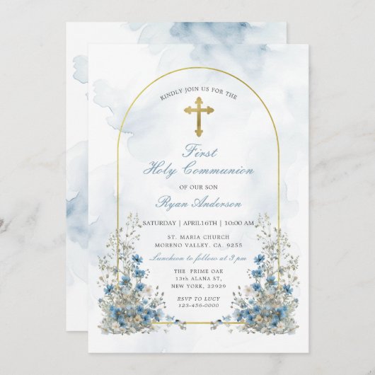 Invitation Dusty Blue Fleur sauvage Première communion sainte (Devant / Derrière)