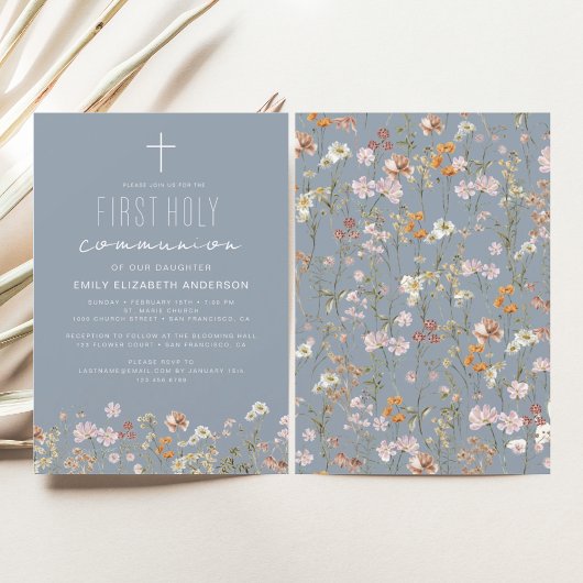 Invitation Dusty Blue Fleur sauvage Première communion sainte