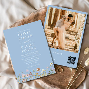 Invitation Dusty Blue Fleur sauvage QR Code Photo Boho Mariag