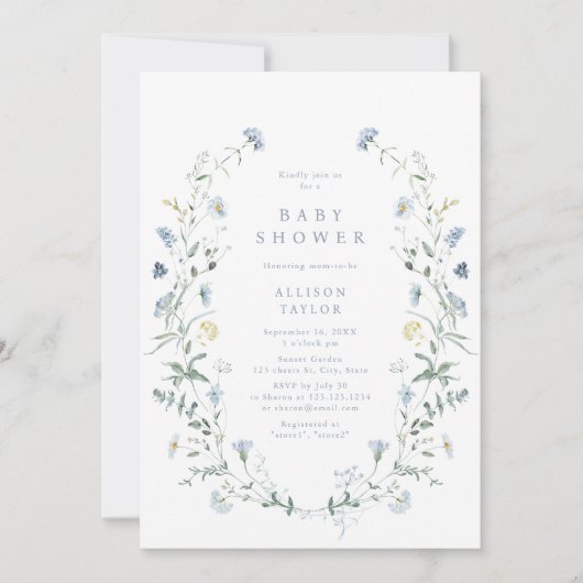 Invitation Dusty Blue Fleur sauvage Rustic Boho Baby shower (Devant)