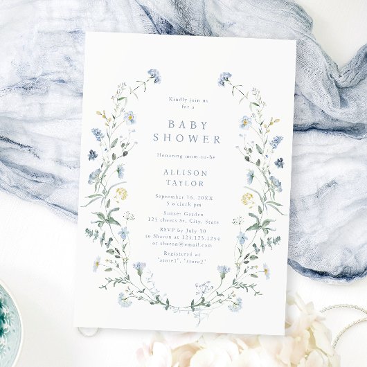 Invitation Dusty Blue Fleur sauvage Rustic Boho Baby shower