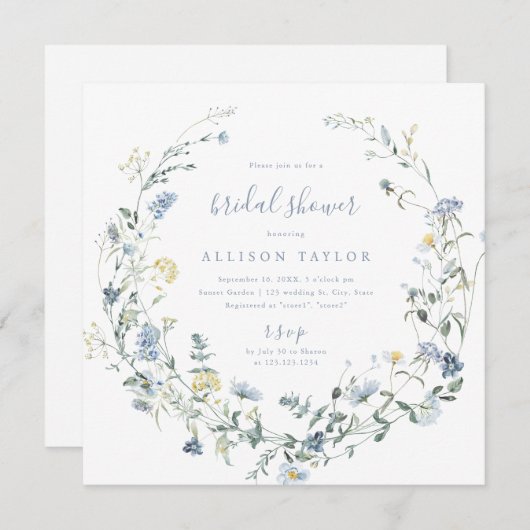 Invitation Dusty Blue Fleur sauvage Rustic Boho Fête des mari (Devant / Derrière)