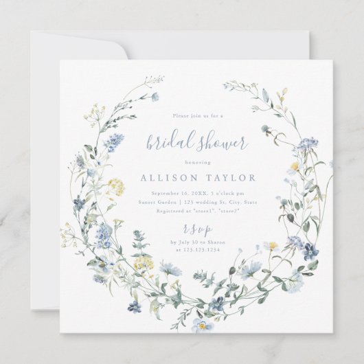 Invitation Dusty Blue Fleur sauvage Rustic Boho Fête des mari (Devant)
