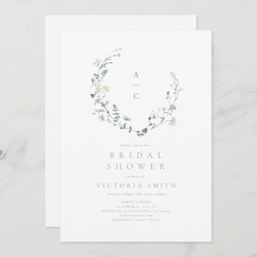 Invitation Dusty Blue Fleur sauvage Rustic Boho Fête des mari (Devant / Derrière)