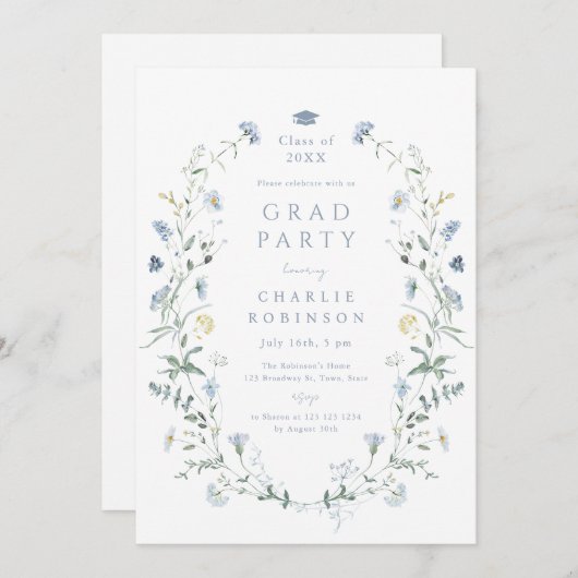 Invitation Dusty Blue Fleur sauvage Rustic Boho Graduation (Devant / Derrière)