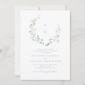 Invitation Dusty Blue Fleur sauvage Rustic Boho Mariage monog (Devant)