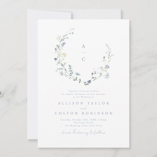 Invitation Dusty Blue Fleur sauvage Rustic Boho Mariage monog (Devant)