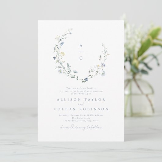 Invitation Dusty Blue Fleur sauvage Rustic Boho Mariage monog (Debout devant)
