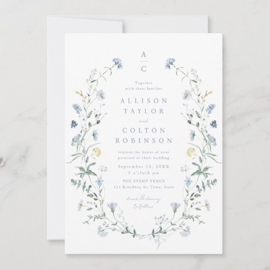 Invitation Dusty Blue Fleur sauvage Rustic Boho Mariage monog (Devant)
