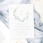 Invitation Dusty Blue Fleur sauvage Rustic Boho Mariage monog<br><div class="desc">Elégante délicate aquarelle fleur sauvage cadres de couronnes couple monogramme, avec personnalisation vos propres détails de l'événement. Palettes pastel de jaune tendre, blanc cassé, vert sauge, bleu poussiéreux, verdure botanique, simple et romantique. Grandes invitations à des mariages fleuris pour mariage moderne rustique, mariage de jardin de campagne et mariage de...</div>