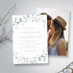 Invitation Dusty Blue Fleur sauvage Rustic Boho Mariage Photo<br><div class="desc">Elégante délicate aquarelle fleur sauvage couronne les détails de votre événement. Palettes pastel de jaune tendre, blanc cassé, vert sauge, bleu poussiéreux, verdure botanique, simple et romantique. Grandes invitations à des mariages fleuris pour mariage moderne rustique, mariage de jardin de campagne et mariage de boho au printemps et en été....</div>