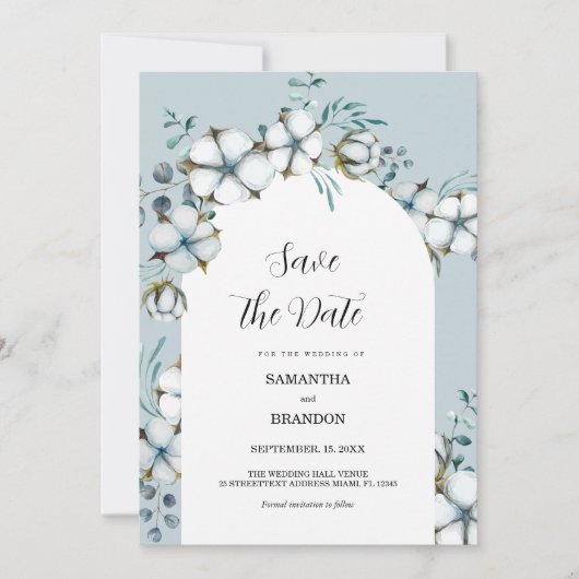 Invitation Dusty Blue, fleurs de coton, arche Enregistrer la (Devant)