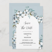 Invitation Dusty Blue, fleurs de coton, arche Enregistrer la (Devant / Derrière)