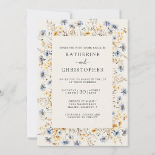 Invitation Dusty Blue Fleurs sauvages Élégant Mariage ivoire
