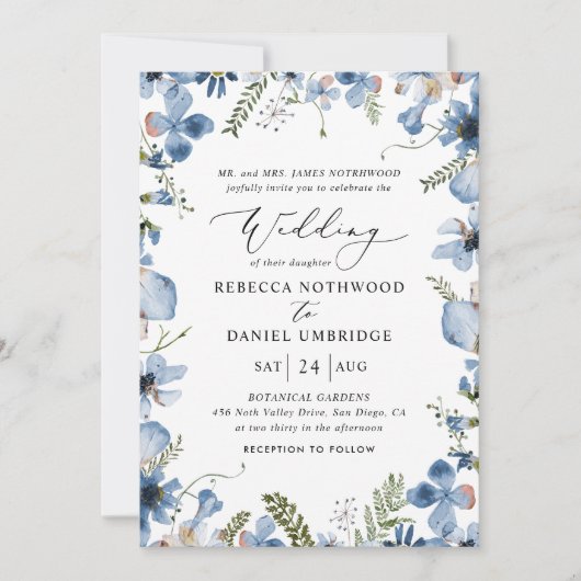 Invitation Dusty Blue Fleurs sauvages mariage élégant (Devant)
