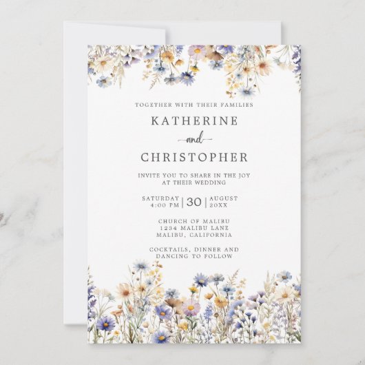 Invitation Dusty Blue Fleurs sauvages Mariage officiel (Devant)