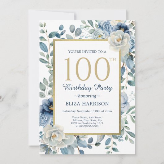 Invitation Dusty Blue Floral 100e anniversaire (Devant)