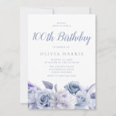 Invitation Dusty Blue Floral 100e fête d'anniversaire (Devant)