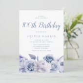 Invitation Dusty Blue Floral 100e fête d'anniversaire (Debout devant)
