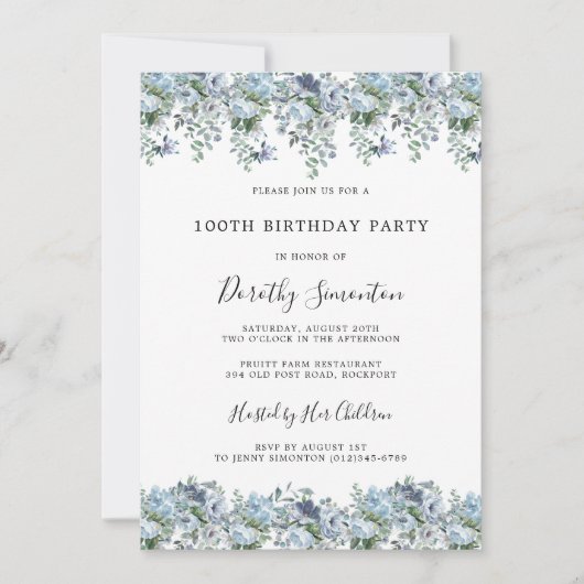 Invitation Dusty Blue Floral 100e fête d'anniversaire (Devant)