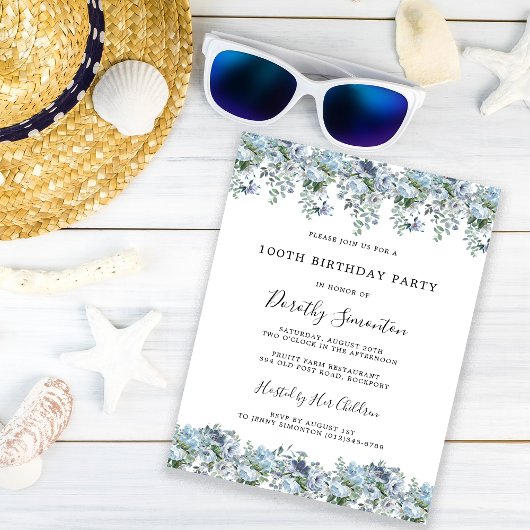Invitation Dusty Blue Floral 100e fête d'anniversaire