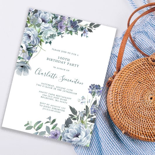Invitation Dusty Blue Floral 100e fête d'anniversaire