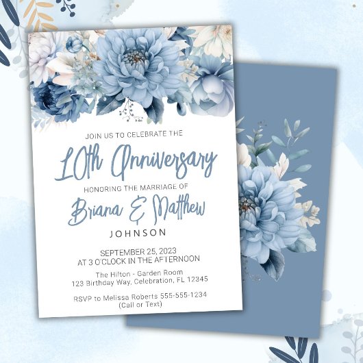 Invitation Dusty Blue Floral 10e anniversaire de Mariage