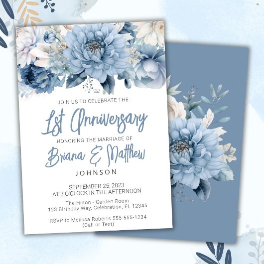 Invitation Dusty Blue Floral 1er anniversaire Mariage