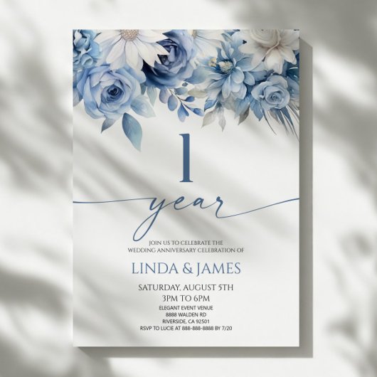 Invitation Dusty Blue Floral 1st Wedding Anniversary