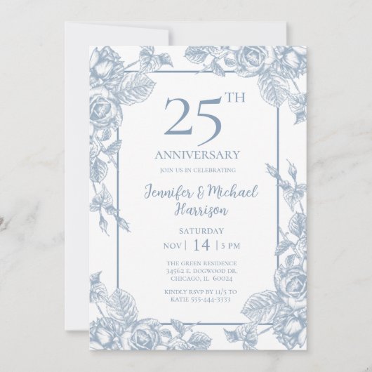 Invitation Dusty Blue Floral 25e anniversaire (Devant)