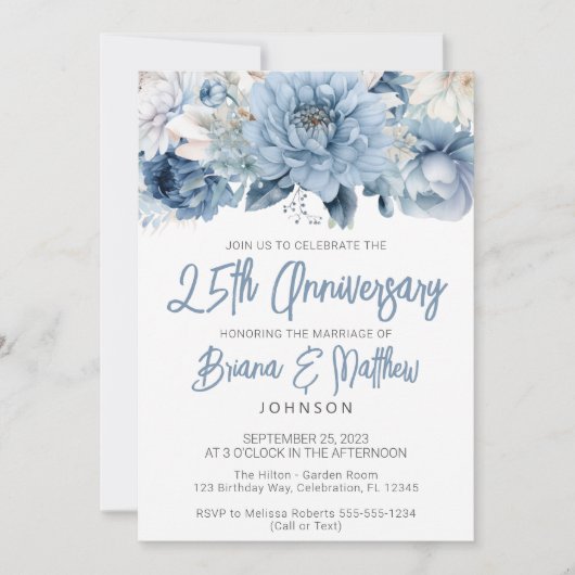 Invitation Dusty Blue Floral 25e anniversaire du Mariage (Devant)