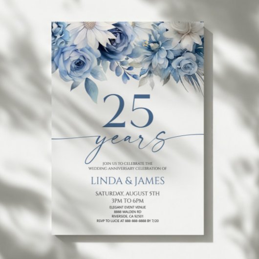 Invitation Dusty Blue Floral 25th Wedding Anniversary