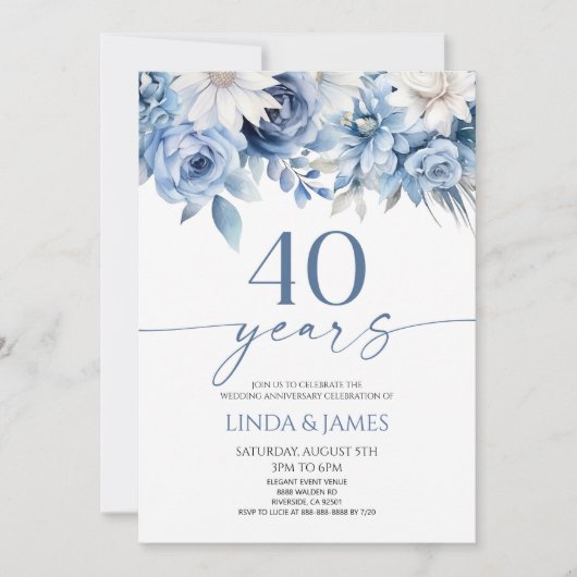 Invitation Dusty Blue Floral 40th Wedding Anniversary (Devant)