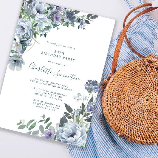 Invitation Dusty Blue Floral 50e fête d'anniversaire