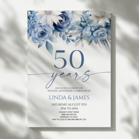 Invitation Dusty Blue Floral 50th Wedding Anniversary